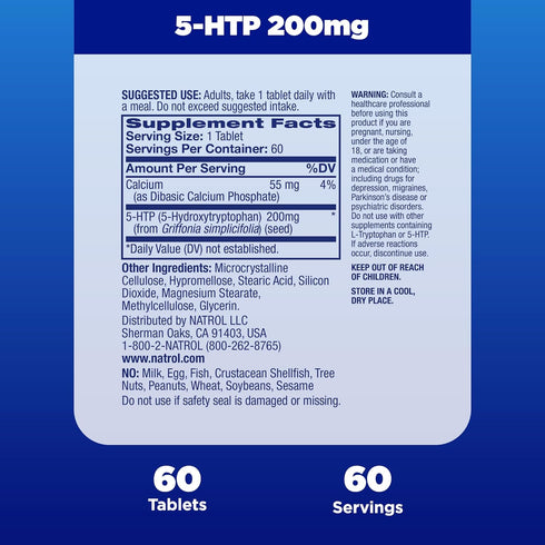 Natrol 5-HTP 200mg Dietary Supplement, 60 Time Release Tablets, 60 Day Supply