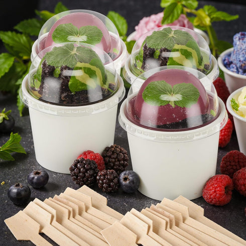 Ninehaoou 100 Pack Summer (6 oz) Ice Cream Cups with Dome Lids No Hole and Spoons Bulk Disposable Paper Dessert Bowls