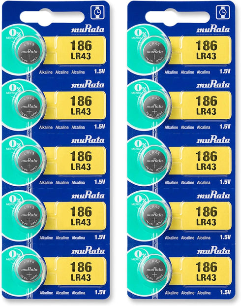 Murata LR43 Battery AG12 386A 1.55V Alkaline Button Cell (10 Batteries)