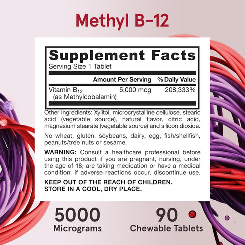 Jarrow Formulas Maximum Strength Methyl B-12 5000 mcg - Dietary Supplement - 90 Cherry Flavored Chewable Tablets