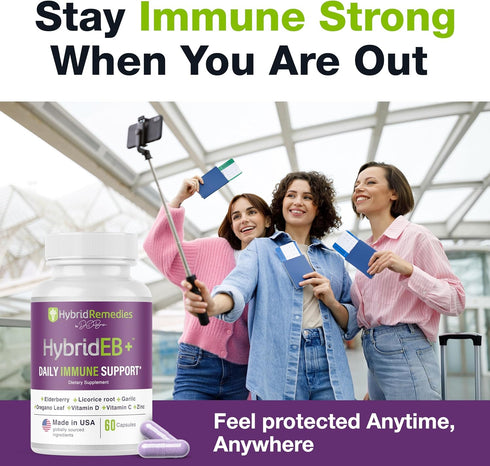 HybridEB Sambucus Elderberry Immune Support with Vitamin C, Zinc, D3 - 60 Capsules, 1 Month Supply