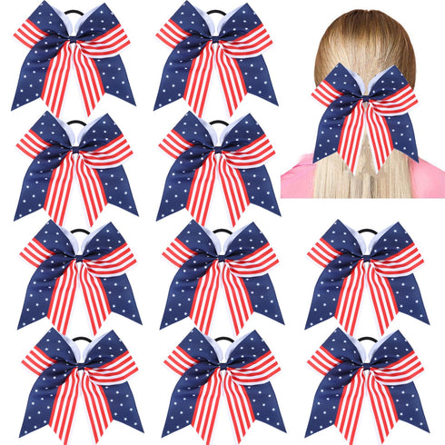 Red White and Blue American USA Flag Cheer Bows for Girls, Patriotic Festival Hair Bow with Elastic Band