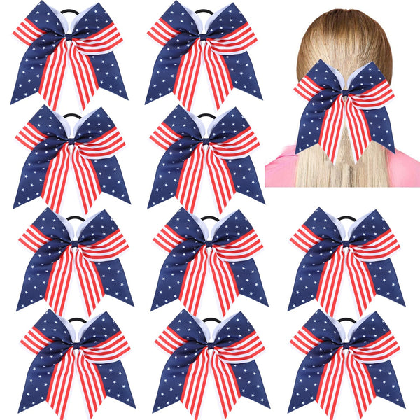 Red White and Blue American USA Flag Cheer Bows for Girls, Patriotic Festival Hair Bow with Elastic Band