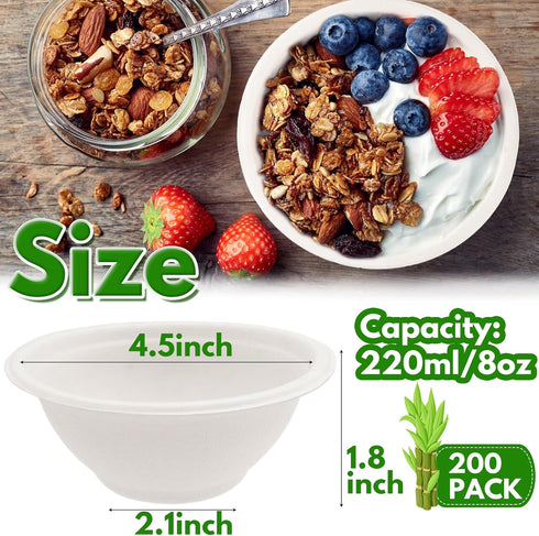 200 PACK Paper Bowls,8 oz Compostable Disposable Bagasse Bowls,Heavy-Duty Biodegradable Paper Bowls,Eco-Friendly Sugarcane Fibers Bowls for Salad,Cereals,Snacks,Dessert,Candy by Tiaiidi