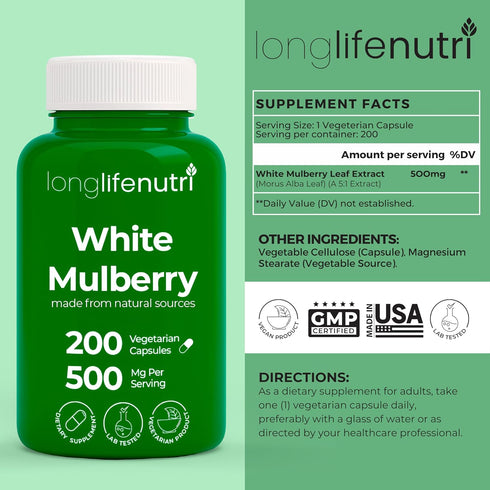Mulberry 500mg Alba 200 200-Day White Leaf Extract - Sourced from Morus Leaf, Vegetarian Capsules, Supplement