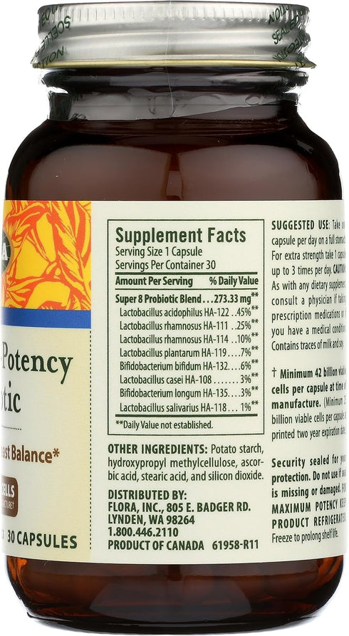 Flora Super 8 Hi Potency Probiotics - 30 Count - 42 Billion CFU, Raw, Gluten Free - Healthy Yeast Balance & Digestive