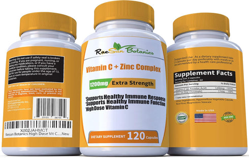 High Dose Extra Strength Vitamin C + Zinc Complex - 1200mg for Immune Support, 120 Veggie Capsules