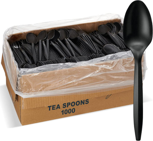 1,000 Bulk Black Plastic Disposable Tea Spoons, Medium Weight Silverware for Events and Catering