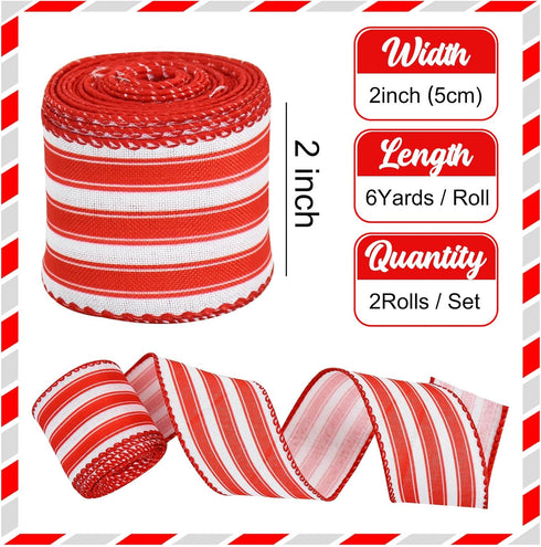 TONIFUL 2 Rolls-2 Inch Red Striped Wired Ribbon, Red and White Stripe Wired Ribbon for Gift Wrapping, Indoor, Bows Making, Wedding Birthday Party Decoration (6yds/roll) by TONIFUL