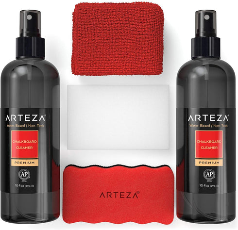 Arteza Chalkboard Cleaner Set, 2 Cleaners, 10-Ounces Each, with Microfiber Towel and Magic Sponges