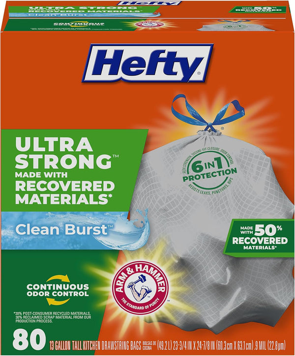 Hefty Ultra Strong 13 Gallon Trash Bags, Gray, Clean Burst, 80 Count, Made with 50% Recovered Materials