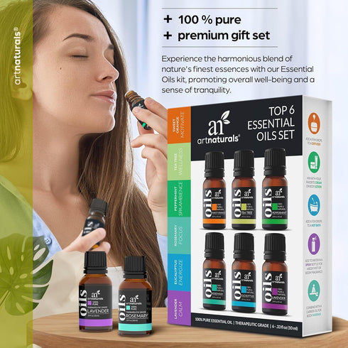 ArtNaturals Aromatherapy Top-6 Essential Oil Set - (6 x 10ml Bottles) - 100% Pure of The Highest Therapeutic Grade - Premium Gift Set – Lavender, Peppermint, Tea Tree, Eucalyptus