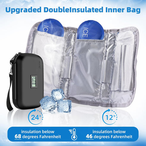 24h Insulin Cooler Travel Case TSA Approved - Medication Diabetic Cooler with Thermometer Temperature Display | Refrigerated Medicine Organizer Bag with 2 Ice Packs for Travel