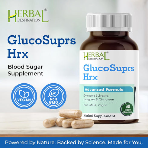 Herbal Destination 60 GlucoSuprs Hrx - Gymnema, Bitter Melon, Salacia, Fenugreek, Cinnamon and Jambolan - Capsules