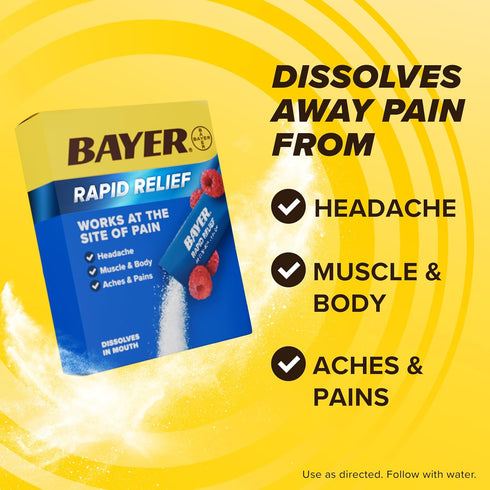 Bayer Rapid Dissolvable Raspberry Flavor Powder Packs with Aspirin & Caffeine for Fast Acting Headache Relief