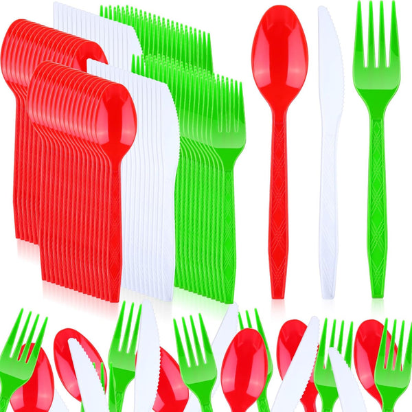 300 Pieces Christmas Disposable Cutlery Set, Colored Plastic Fork, Spoon, Knives for Christmas Dinner Party Supplies