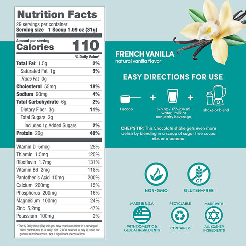 Designer Wellness 100% Whey Protein Powder, Natural French Vanilla, 12 oz, Probiotics, Fiber, Gluten-free, Non-GMO,