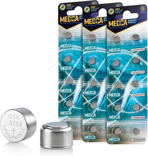 MEDca AG5 LR754 Batteries - 30 Count Pack - 1.5V Alkaline 754 Button Coin Cell Batteries for Hearing Aids