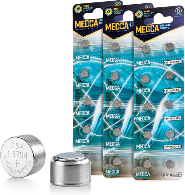 MEDca AG5 LR754 Batteries - 30 Count Pack - 1.5V Alkaline 754 Button Coin Cell Batteries for Hearing Aids