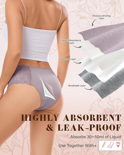 Intiflower Period Underwear for Women, Leakproof Period Panties, Lace Menstrual Underwear Breathable & Soft