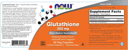 NOW Supplements, Glutathione 250 mg, Detoxification Support*, Free Radical Neutralizer*, 60 Veg Capsules