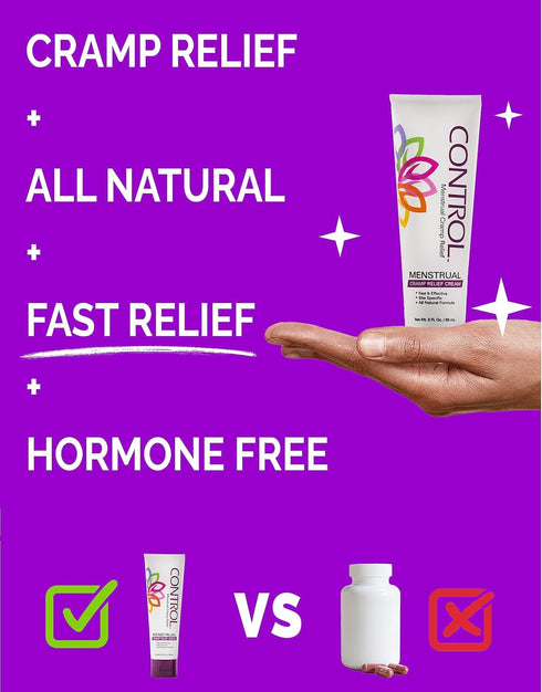 CONTROL Menstrual Cramp Relief Cream, Topical Pain Relief for Period Cramps, 3 oz Tube