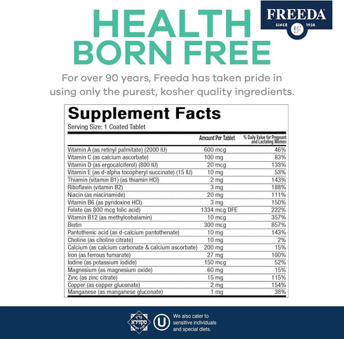 FREEDA Prenatal Vitamin - Kosher Prenatals with Iron, Folic Acid, Choline, Vitamin D for Pregnant Women