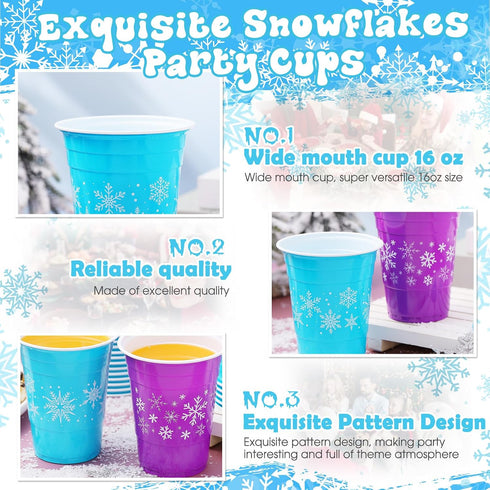 Jingmore 60 Frozen 16oz Pieces Snowflakes Plastic Cups Disposable Winter Snowflake Beverage Drinking Cups for Birthday