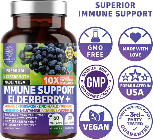 2 Pack N1N Premium 10 in 1 Immune Support Supplement, 120 Veg Caps - with Elderberry, Vitamin C, Zinc, Echinacea