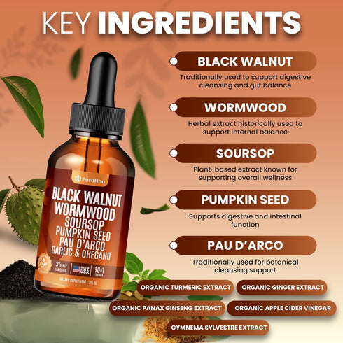 Purafina 98% (2oz) Wormwood Black Walnut Clove Cleanse Liquid Drops with SourSop, Pumpkin Seed, Pau DArco, Garlic & Oil