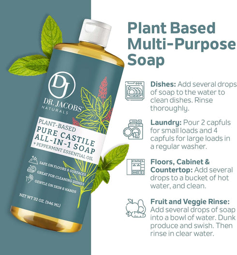 Dr. Jacobs Naturals Peppermint Castile Soap All-Purpose Cleaner, Eco-friendly Plant-Based Formula (32 Fl Oz)