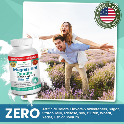 Magnesium Taurate 400mg, 200 Capsules, High Absorption for Sleep, Heart Health, Joint Supplement for Women and Men
