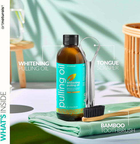 artnaturals Coconut Oil Pulling (8oz) Set - Alcohol-Free Mouthwash with Tongue Scraper & Toothbrush for Fresh Breath