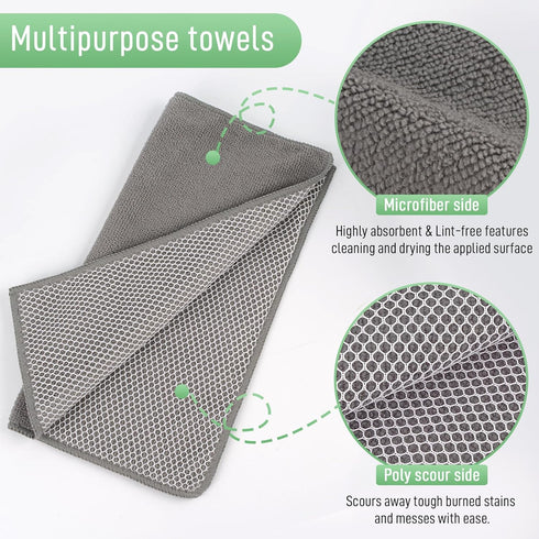 SINLAND Absorbent Microfiber Dish Cloths, 12"x12" Kitchen Washcloths with Poly Scour Side - 5 Pack, Grey