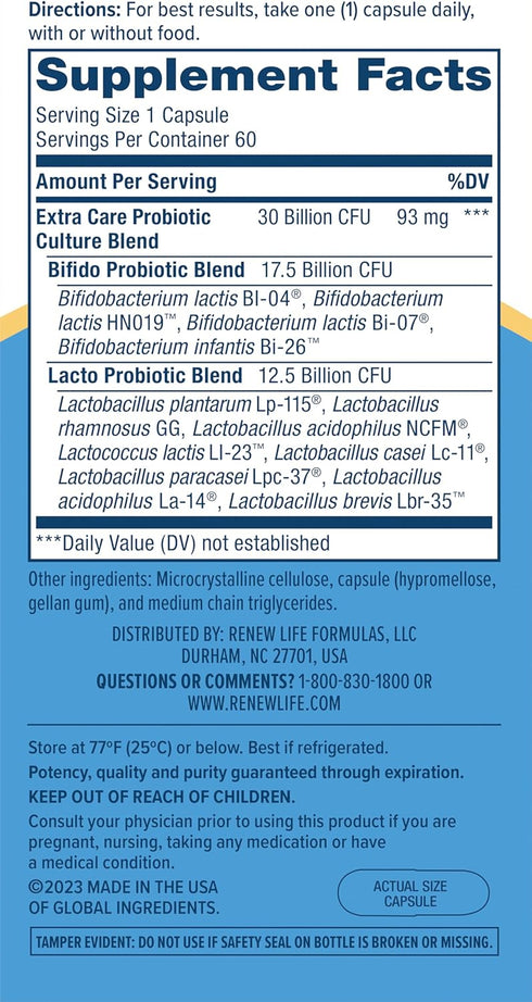 Renew Life Extra Care Probiotic Capsules, Daily Supplement Supports Immune, Digestive and Respiratory Health, L.