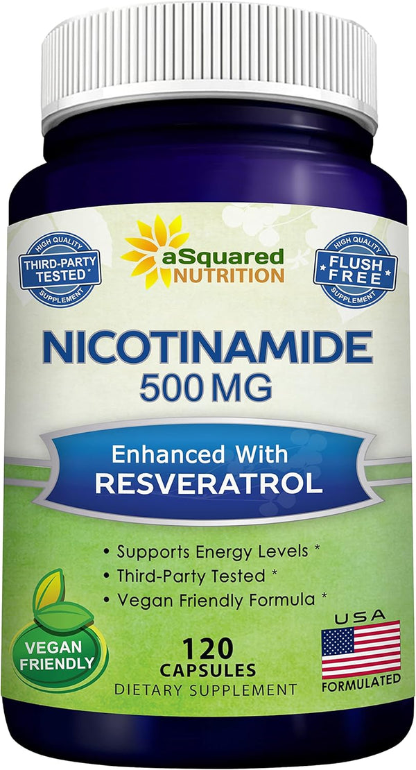 aSquared Nutrition Nicotinamide with Resveratrol, 120 Veggie Capsules, Vitamin B3 500mg, NAD Support