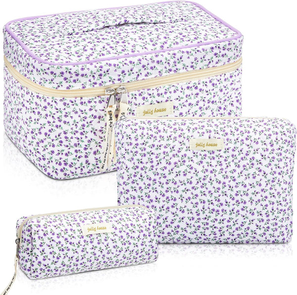 3 Pcs Quilted Makeup Bag - Large Floral Cosmetic Bag, Travel Toiletry Pouch for Women Gifts