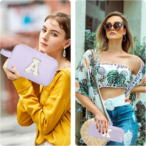 2pcs Personalized Initial Makeup Bag A-Z, Travel Toiletry Bag Monogram Make Up Bags Preppy Cosmetic Bag Makeup Pouch Birthday Graduation Gifts Bags for Women Teen Girls Friends (Purple, E)