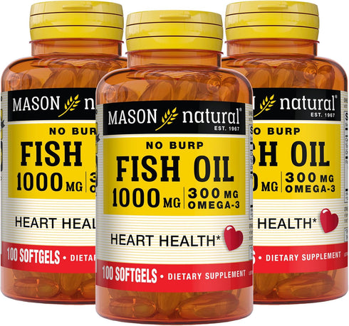 MASON NATURAL No Burp Fish Oil 1000 mg Omega-3 300 mg - 100 Softgels Pack of 3 for Healthy Heart Support