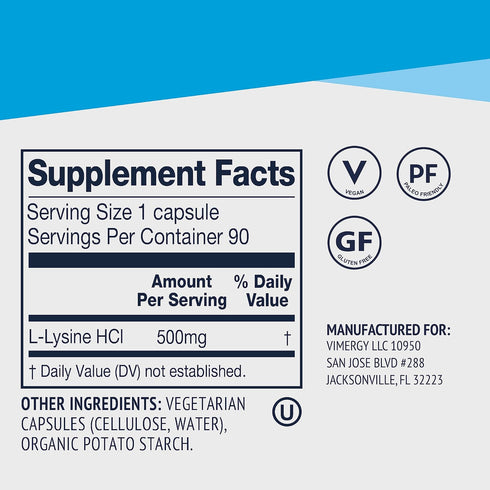 Vimergy L-Lysine 500MG Capsules, Trial Size - 90 Servings – Supports Immune System, Healthy Skin, Muscles, Bone & Tissue
