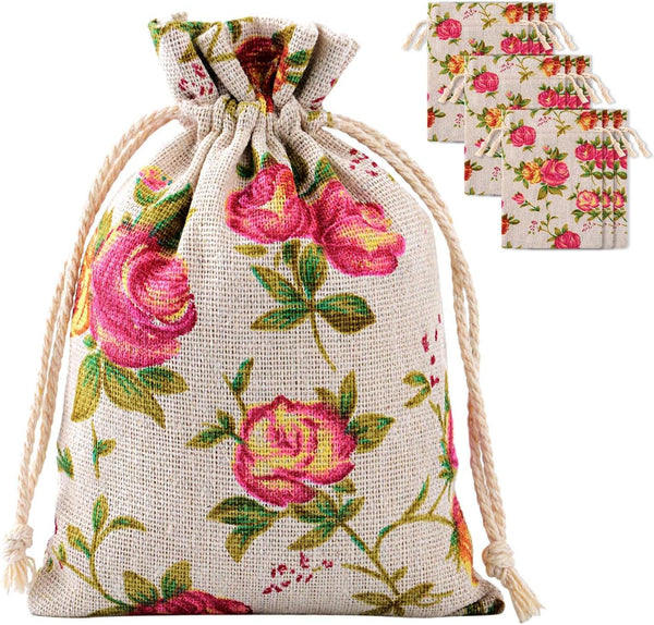 Pangda 30 Pieces Small Size Rose Drawstring Bags, Burlap Flower Pouch Bag, Linen Gift Pocket Jewelry Pouch for Wedding