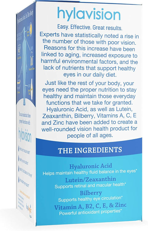 HylaVision Eye Health Supplement Hyalogic - Hyaluronic Acid, Lutein and Zeaxanthin Supplements – 120 Capsules