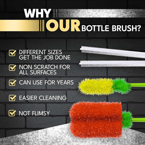Long Bottle Brush Cleaner Set (3-in-1) & Straw Brushes - Thick and Thin Dish Brush Set for Washing Baby Bottles, Mugs
