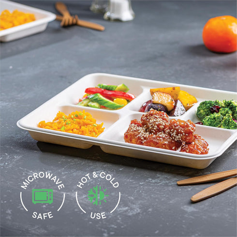 100% Compostable Disposable Paper Plates - 5 Compartment, 125-Pack, Heavy Duty Biodegradable Bagasse Sectional Lunch