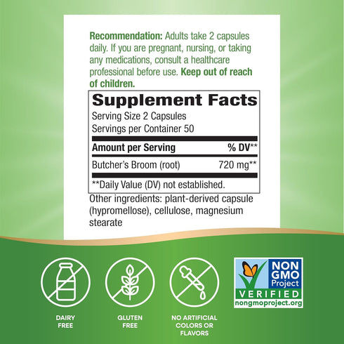 Nature's Way Butcher's Broom Root - Traditional Leg Vein Support - 100 Vegan Capsules