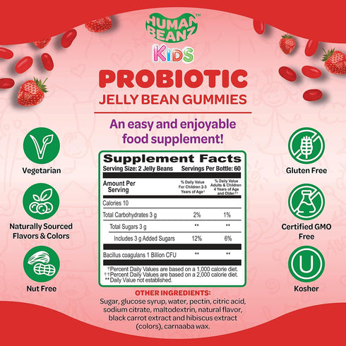 Probiotic Jelly Bean Gummies for Kids, 120 Strawberry Blast Jelly Beans, Nutritional Vegetarian Supplements