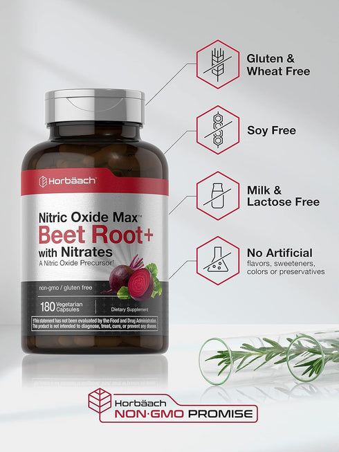 Horbaeach Nitric Oxide Beet Root Capsules | 180 Count Vegetarian Non-GMO Gluten Free Supplement