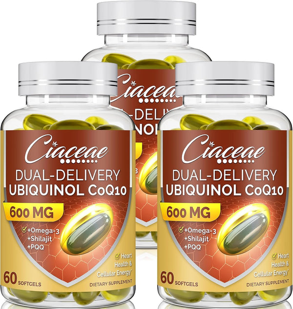 Ubiquinol CoQ10 600 MG Softgels with Omega-3, Shilajit & PQQ, Advanced Coenzyme-Q10 Supplement for Heart & Brain
