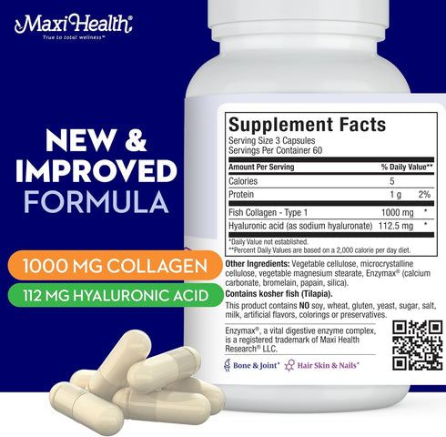 Maxi Health Marine Collagen Pills, 1000 mg Type 1 Collagen, Hyaluronic Acid Supplement, 180 Maxicaps