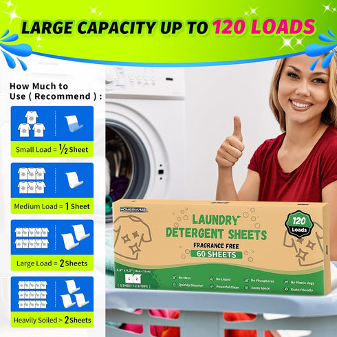 Laundry Detergent Sheets - Up to 120 Loads (60 Sheets), Unscented, Plastic Free, Eco-Friendly & Hypoallergenic